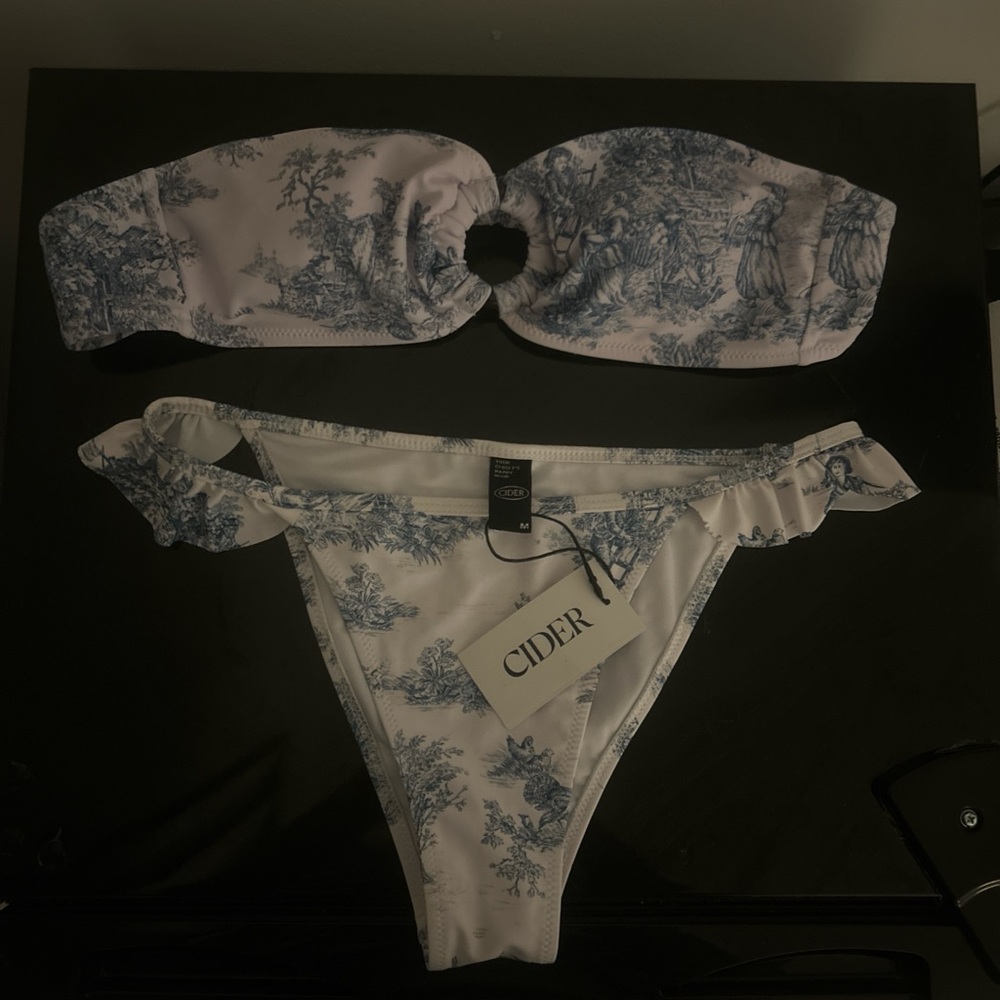 Cider Toile Print Bikini Set in Blue and White